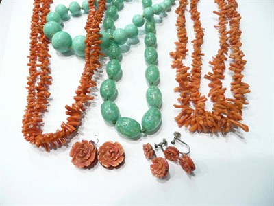 Lot 47 - Two coral necklaces, glass bead necklace, and glass beads (loose) and another