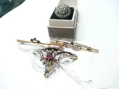 Lot 74 - A diamond and amethyst pendant brooch, two gold bar brooches and a marcasite ring