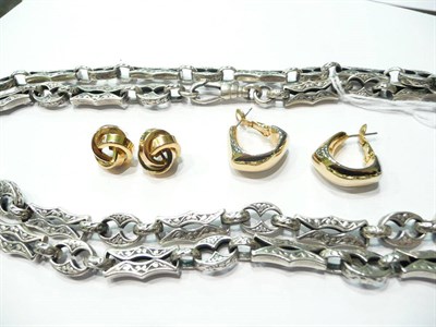 Lot 75 - A silver long Sunday Albert chain and two pairs of earrings