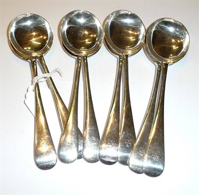 Lot 77 - Eight silver Old English soup spoons