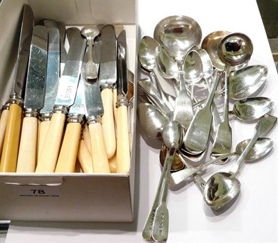 Lot 78 - Quantity silver and plate spoons, sauce ladle etc and a quantity steel knives