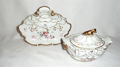 Lot 93 - A continental moulded and hand painted tureen, cover and dish (restored)