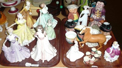 Lot 120 - Two trays of Coalport and Doulton figures, character jugs and a Beswick horse etc