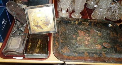 Lot 126 - A lacquered tray and a tray of collectables including a crocodile and silk folding photograph...