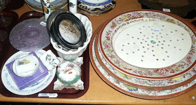 Lot 129 - Three graduated meat dishes, drainer and a tray of decorative ceramics including a pot lid and...