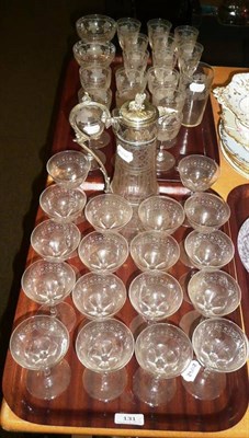 Lot 131 - Two trays of grape and vine pattern drinking glasses, claret with plated mounts and other...