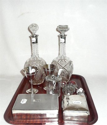 Lot 133 - Two silver cigarette boxes, a pair of silver mounted decanters, two cocktail goblets, a...