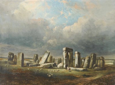 Lot 787 - Circle of Joseph Farington (18th/19th century) Shepherd and his dog at Stonehenge, Wiltshire Oil on