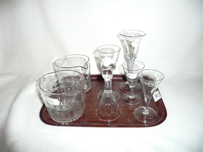 Lot 151 - Four 18th century wine glasses, stirrup cup and two rinsers