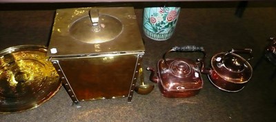 Lot 159 - A brass coal bin, ladle and three copper kettles, one with stand and tray