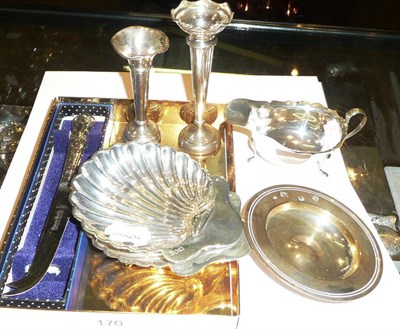 Lot 170 - Quantity of small silver including two shell dishes, sauceboat, two posy vases, dish and cake knife