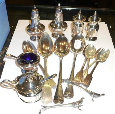 Lot 179 - Two silver Georgian spoons, another, plated condiment set etc