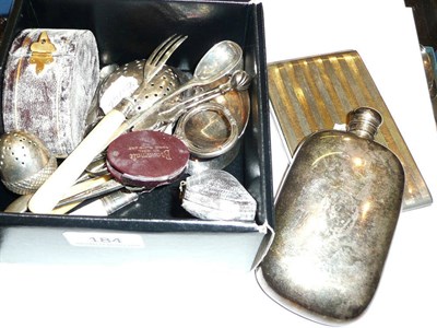 Lot 184 - Silver spirit flask, sauce ladle and small quantity silver plated items