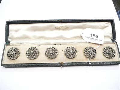 Lot 188 - Set of six paste-set buttons of whorl design in green leather case stamped 'Nathalie Sloane St...