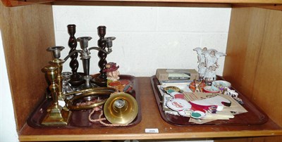 Lot 205 - A shelf of miscellaneous items, including candlesticks, ceramics, cigarette cards, indentures,...