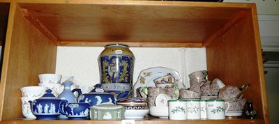 Lot 208 - A shelf including tea wares, Wedgwood jasperware, storage jar etc