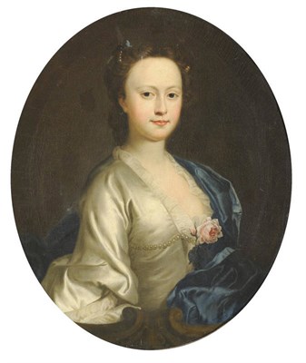 Lot 795 - English School (18th century) Portrait of a Young Lady, half length, wearing a cream satin...