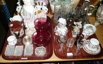 Lot 217 - Two trays of Victorian and later ceramics and glass including pair of Cloisonne vases, red...