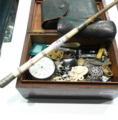 Lot 268 - A box of collectables including papier mache snuff boxes, pocket watch, cased spectacles,...