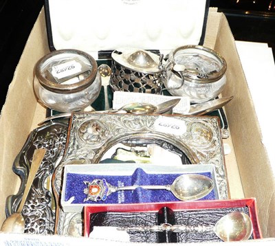 Lot 269 - Silver including cased coffee spoons with tongs, two frames (a.f.), two silver mounted glass salts