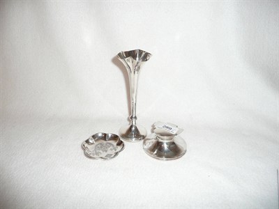 Lot 289 - Silver posy vase, 800 standard dish and a silver inkwell