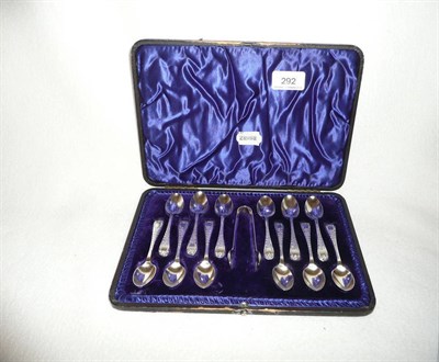 Lot 292 - Cased set of twelve silver teaspoons with tongs