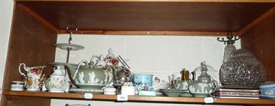 Lot 294 - Shelf of Wedgwood Jasperware, cut glass mushroom lamp, linen, commemorative ware, Royal Albert 'old