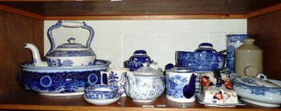 Lot 295 - Shelf including large stone kettle, and other blue and white ceramics