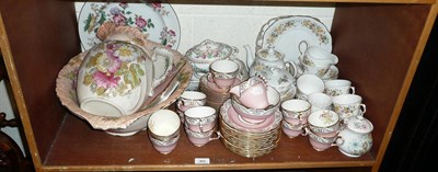 Lot 305 - A shelf of ceramics including Colclough tea set, Spode tea set, jug and basin etc