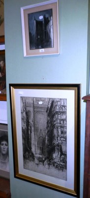 Lot 316 - Watercolour wash "The Haunted chambers in Cliffords Inn" and an etching of Strasbourg by Hedley...