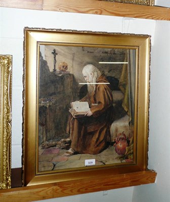 Lot 329 - Late 19th/20th century watercolour drawing, monk in interior