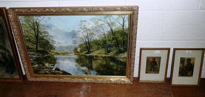 Lot 331 - Framed oil river scene and two Baxter prints, John Dean