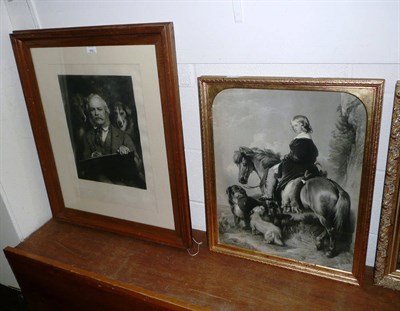 Lot 332 - Picture of a gentleman with two dogs (see inscription) and a picture of child on pony with dogs (2)