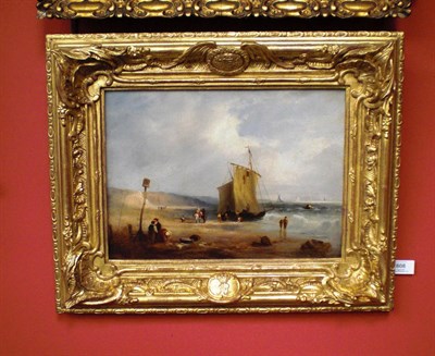 Lot 808 - Continental School (19th century) Beach Scene at Low Tide with Figures beside Fishing Boats,...