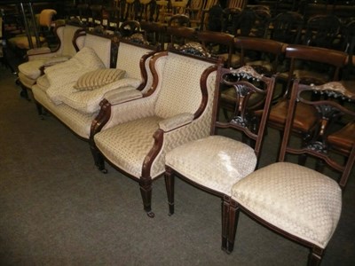 Lot 423 - Edwardian inlaid mahogany salon suite comprising sofa, two elbow chairs and two single chairs