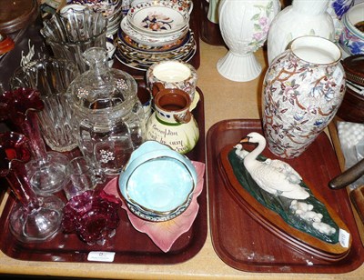 Lot 5 - Tray of Maling china, Victorian glass vases, celery vases, Border Fine Arts group, etc on two trays
