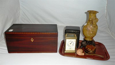 Lot 9 - A tea caddy, soapstone vase, carriage clock, pipe, etc
