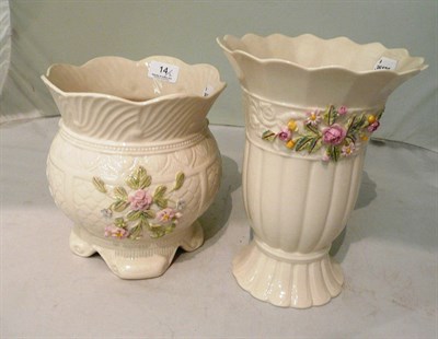 Lot 14 - A Belleek flower-encrusted vase for 2001 and a Belleek 'Armstrong Cache-Pot' 1998 (2)