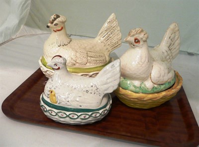 Lot 22 - Three Staffordshire chicken tureens and covers (3)