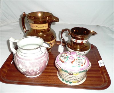 Lot 24 - Three lustre jugs and a Sunderland jar and cover
