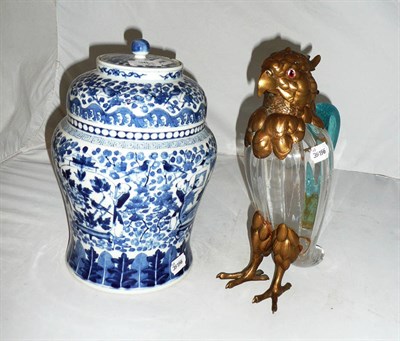 Lot 36 - A 19th century blue and white Chinese baluster vase and cover and a late Victorian parakeet...
