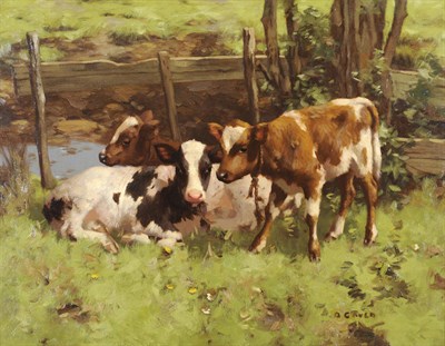 Lot 832 - David Gauld R.S.A. (1865-1936) Ayrshire Calves in a Field beside a Stream Signed, oil on...