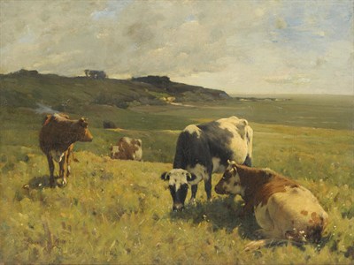 Lot 833 - Edwin D. Connell (b.1859) American Cattle Grazing on a Hillside, a coastline nearby Signed, oil...