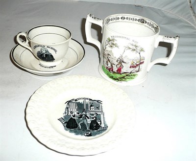 Lot 49 - A Staffordshire child's plate, two handled mug and a Wesleyan School, Wedmore cup and saucer