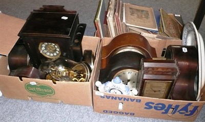 Lot 65 - A quantity of mantel clocks, tins, etc in three boxes, two dishes and a proof set