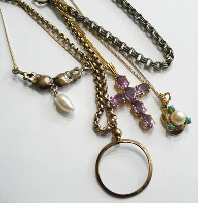 Lot 73 - A 9ct gold necklace with a pearl drop, three pendants on chains and a silver chain