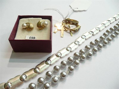 Lot 88 - Two 9ct gold stone set rings, assorted silver jewellery, a pair of cultured pearl earrings and...