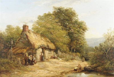 Lot 837 - English School (19th century) Figures beside a Thatched Cottage, children beside a pond in the...