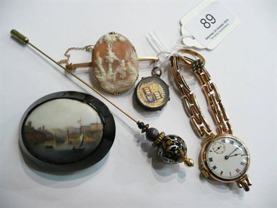 Lot 89 - Jet-mounted topographical brooch, cameo, hat pin, an enamelled half sovereign locket, etc