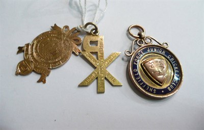 Lot 93 - A 9ct gold cricket club shield, a fob stamped '9CT' and a 'PX' pendant stamped '15CT' (3)
